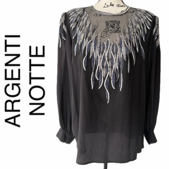 Vtg 90’s Argenti Blouse Mesh 100%Silk Beaded Black Embellished Sz 3XL Whimsigoth - Picture 1 of 16
